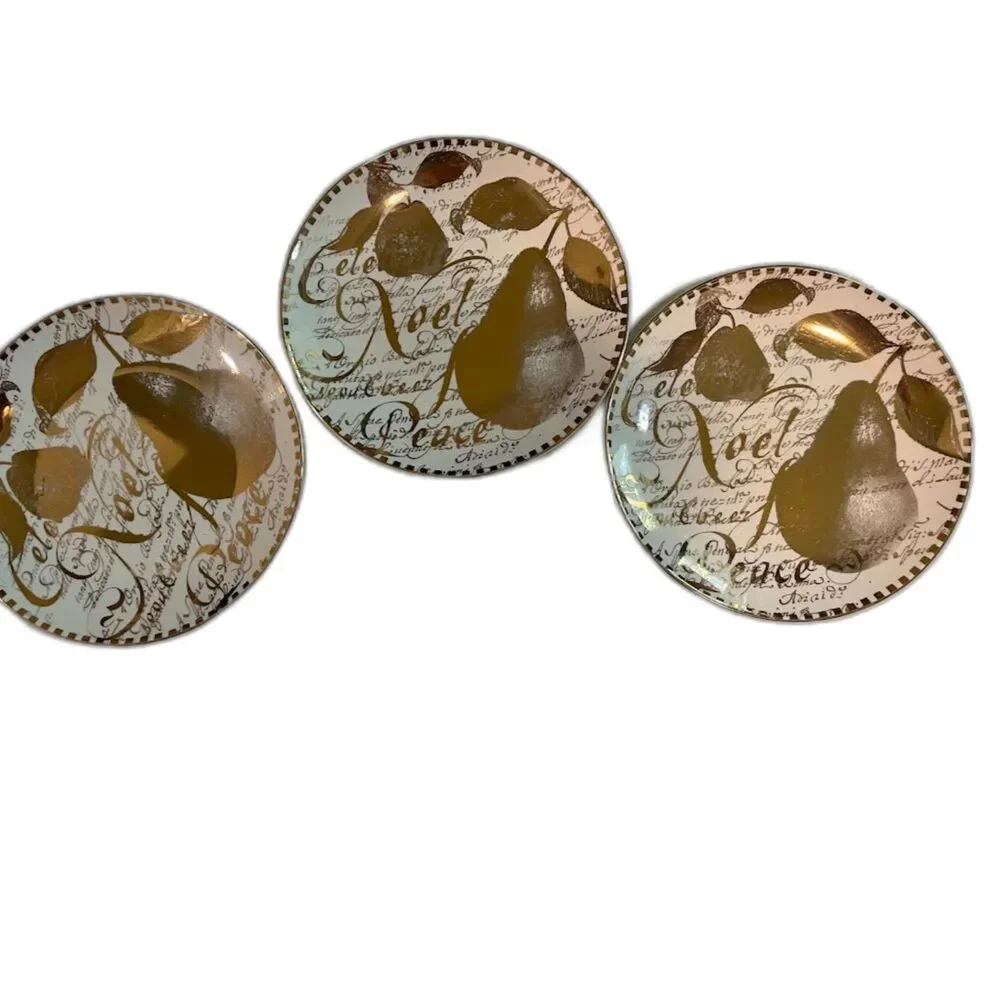 3 Vintage Restoration Hardware Noel Peace Dessert Plates White Gold Christmas